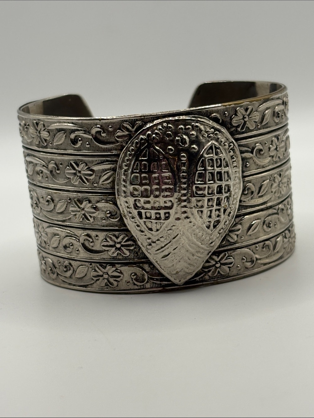 Silver Wide Artisian Floral Wide Cuff Bracelet with Textured Teardrop Accent 8” - Picture 8 of 8